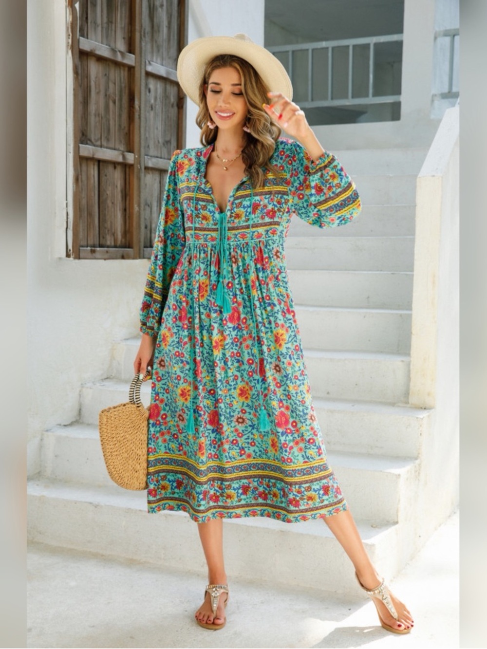 R.Vivimos Floral Long Sleeve Boho Print V Neck Tassel Bohemian Midi Dress